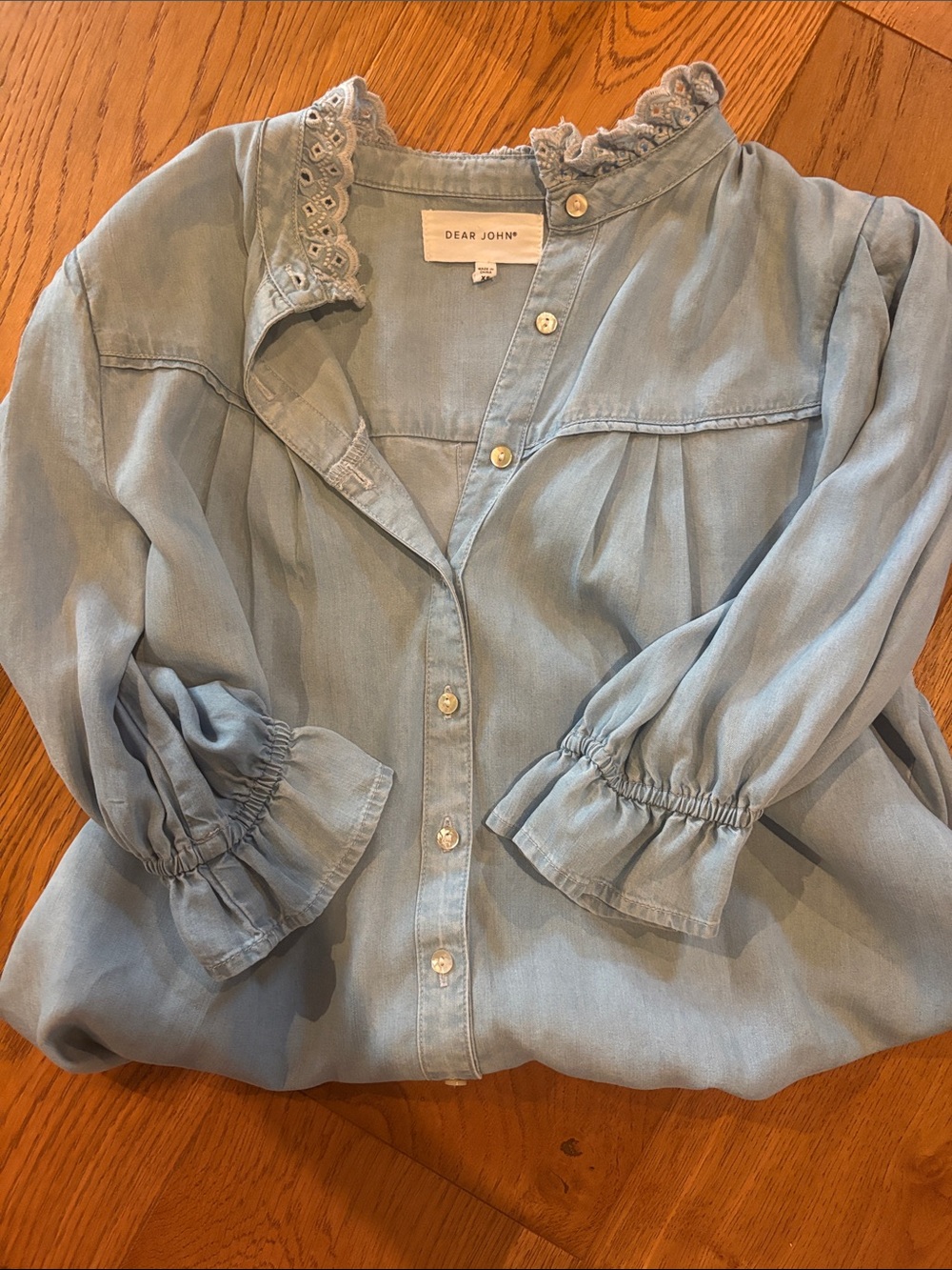 Dear John Light Blue Ruffle Neck Button-Down Shirt